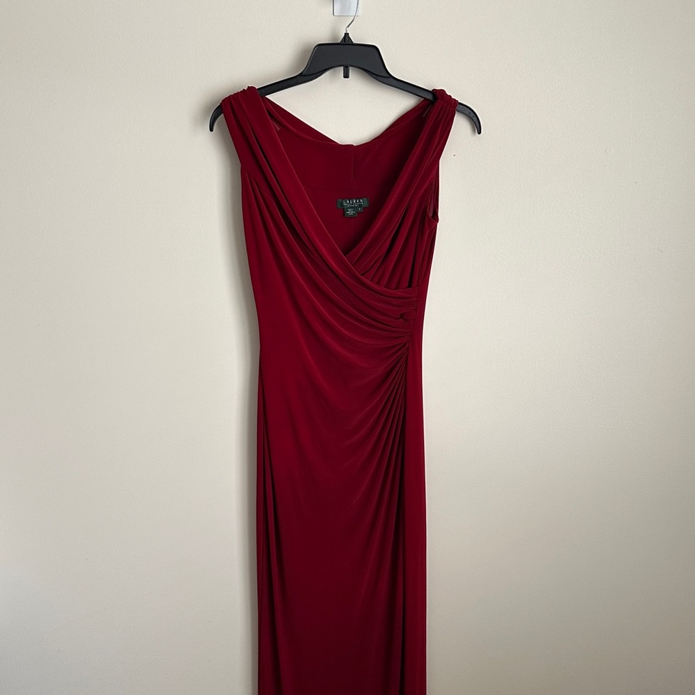 Ralph Lauren Evening Formal Crimson Red Long Sleeveless Dress with Slit